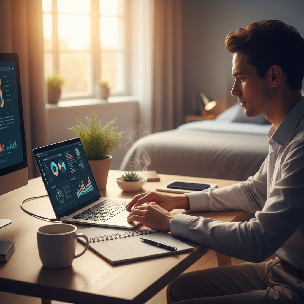 Persona altamente productiva trabajando con enfoque tras una noche de sueño reparador