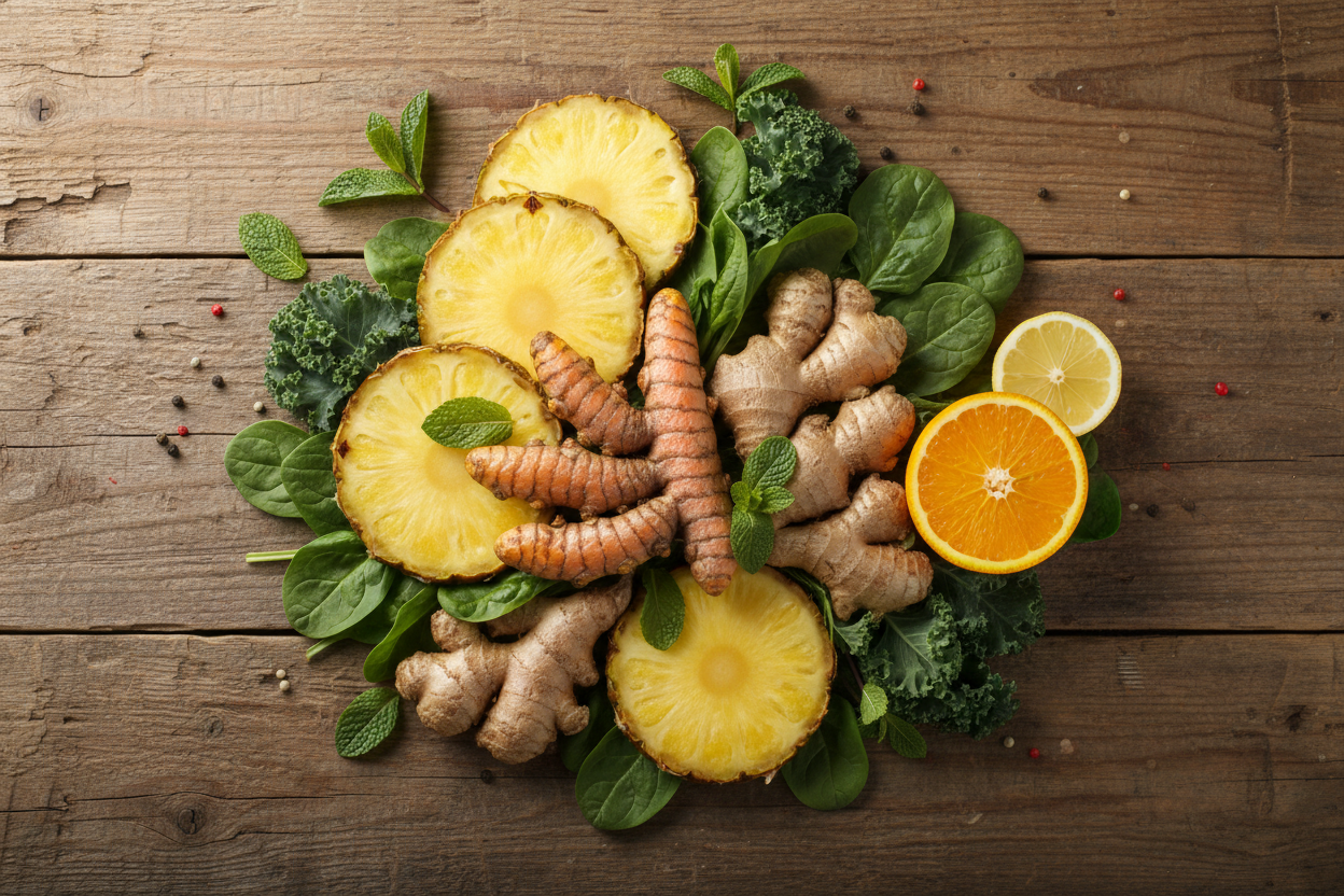 Flat lay of turmeric, ginger and tropical anti-inflammatory ingredients