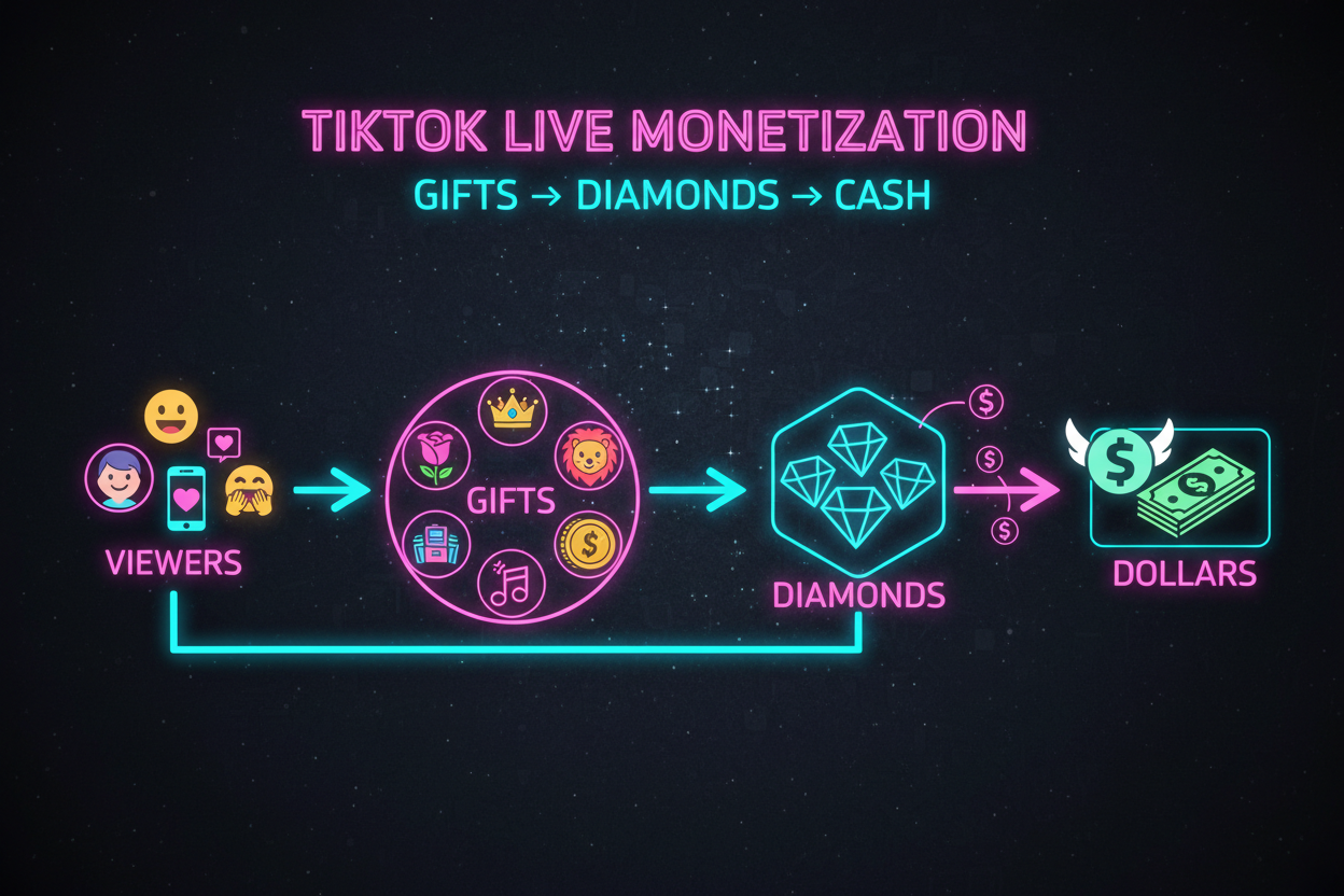 Infographic showing TikTok gifts to diamonds to dollars flow