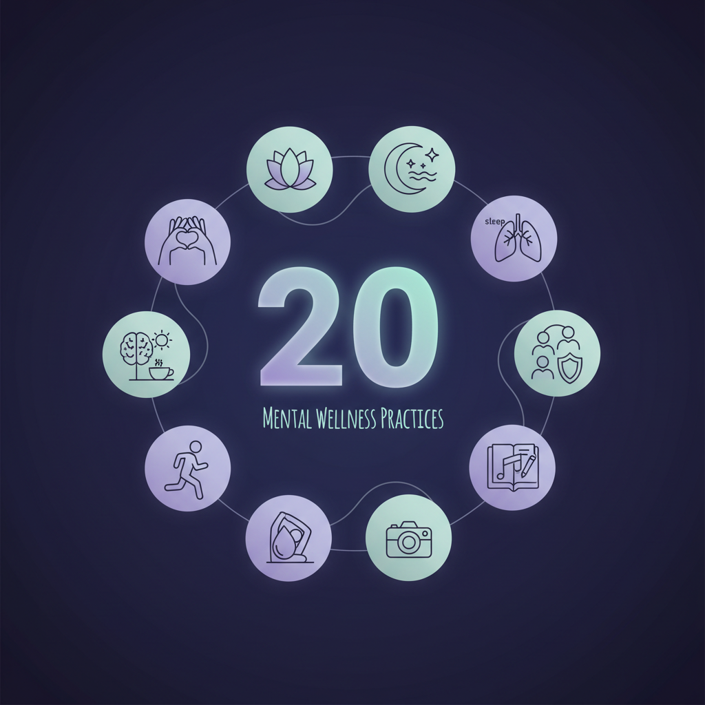Infografía circular con 20 prácticas de bienestar mental