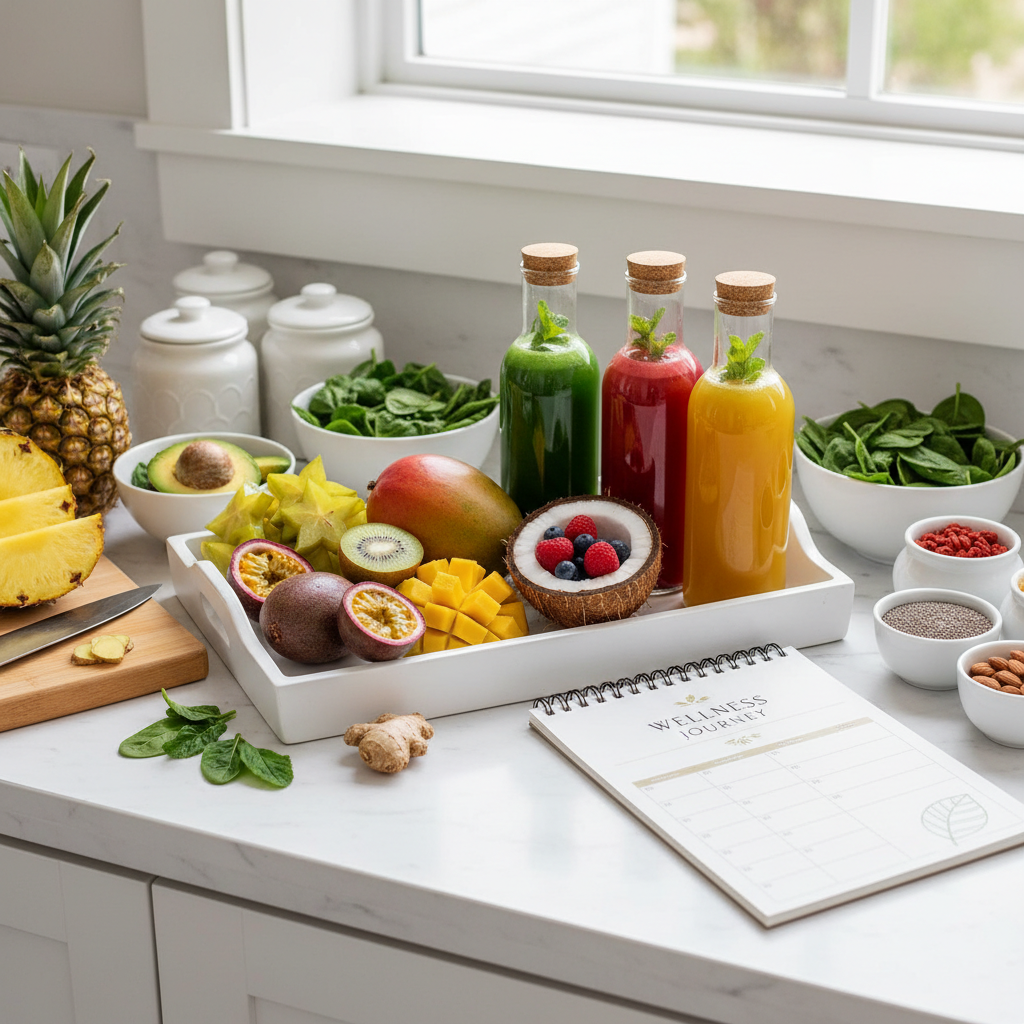 Healthy weekly detox meal prep with tropical fruits and planner