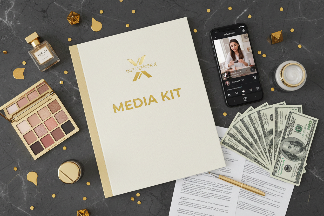 Flat lay of media kit, contract and brand deal essentials
