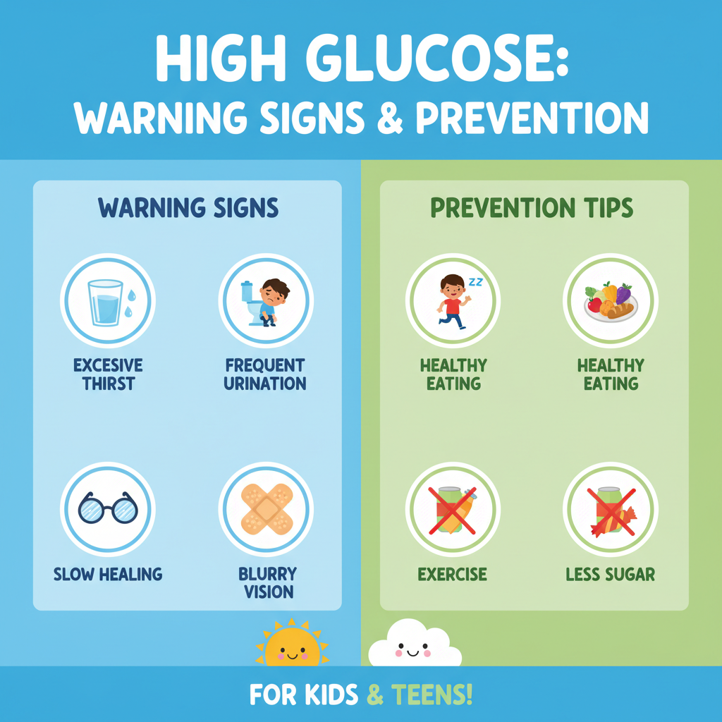 Infografía con señales de alerta de glucosa alta en niños y adolescentes