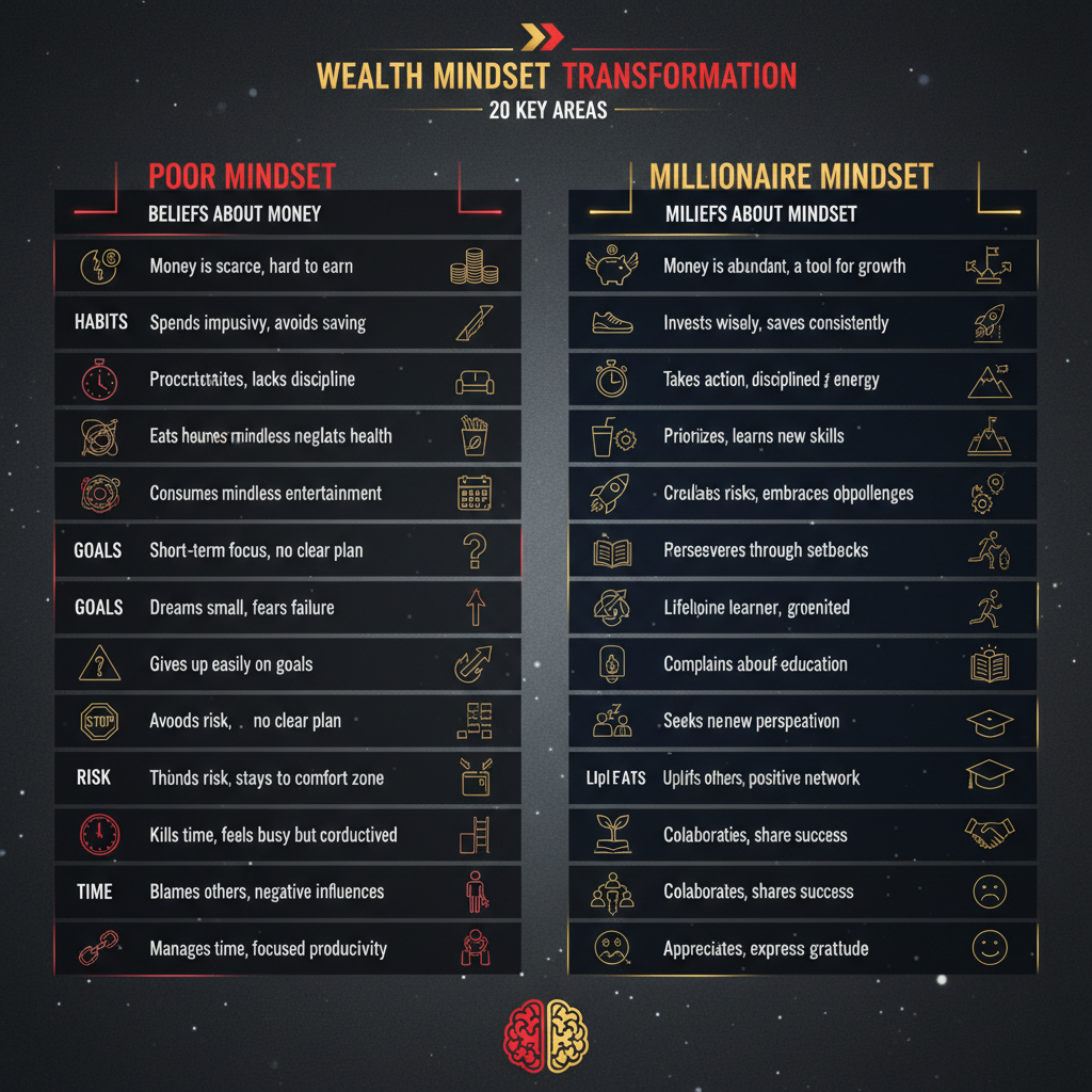 Infografía comparando mentalidad pobre vs mentalidad millonaria