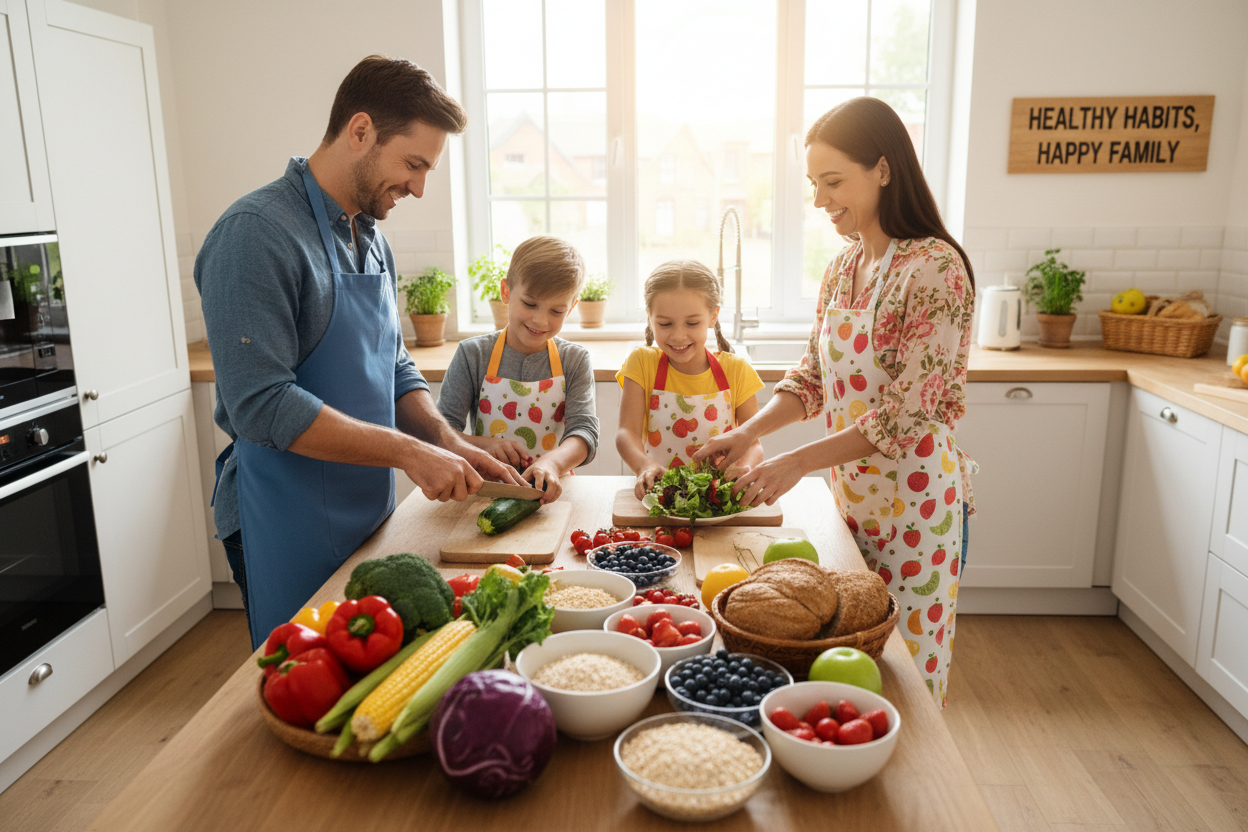 Familia feliz cocinando comida saludable juntos en cocina
