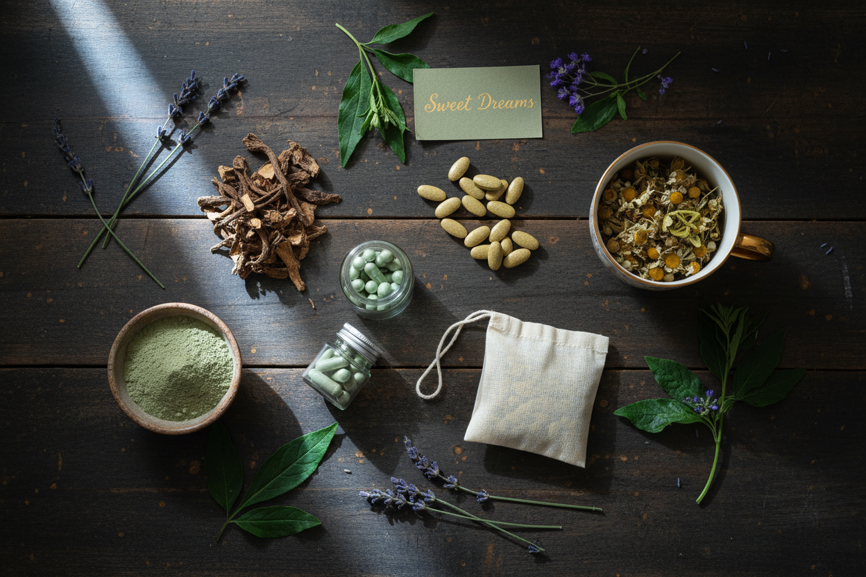 Flat lay de suplementos naturales para dormir mejor