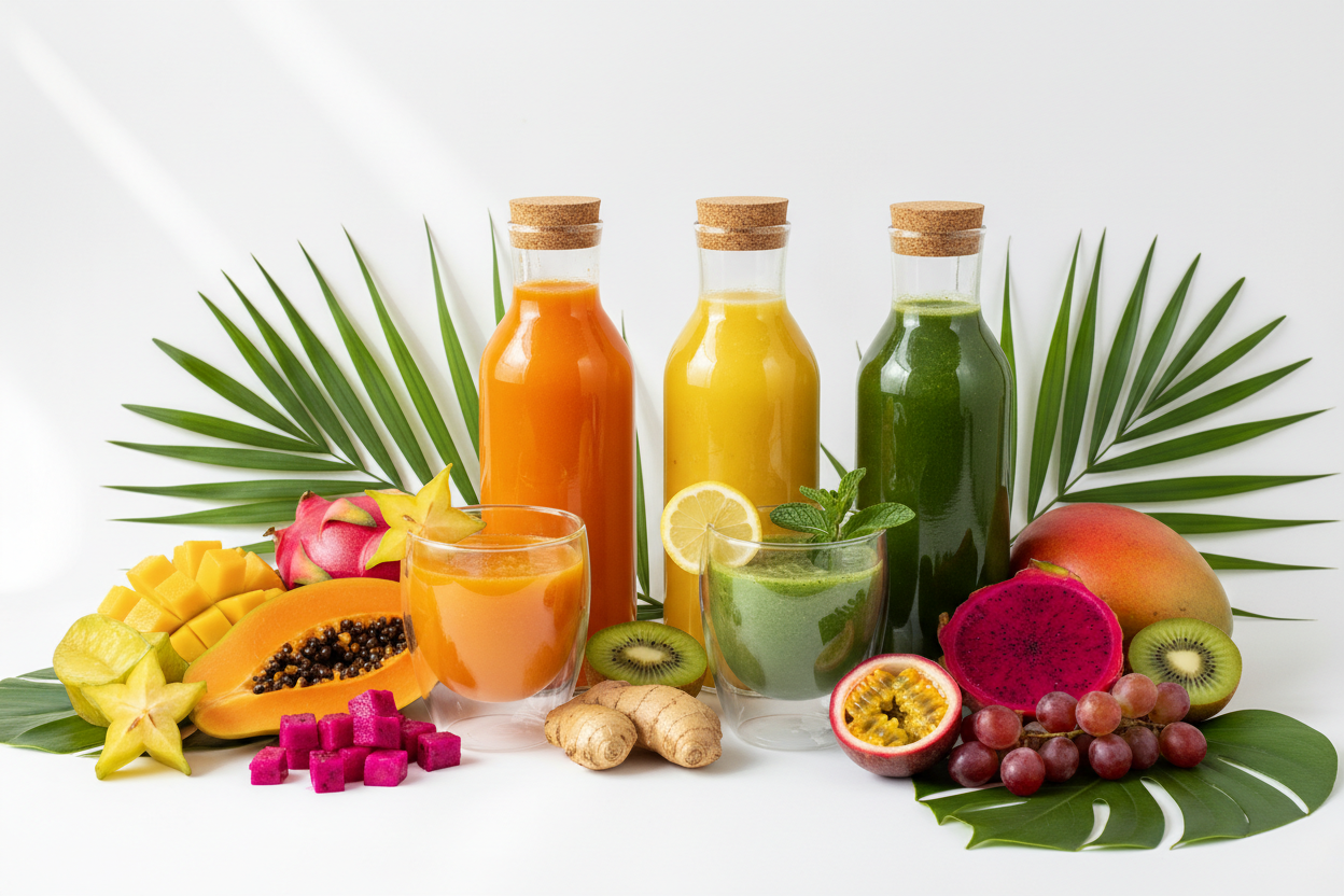 Colorful tropical detox juices in glass bottles
