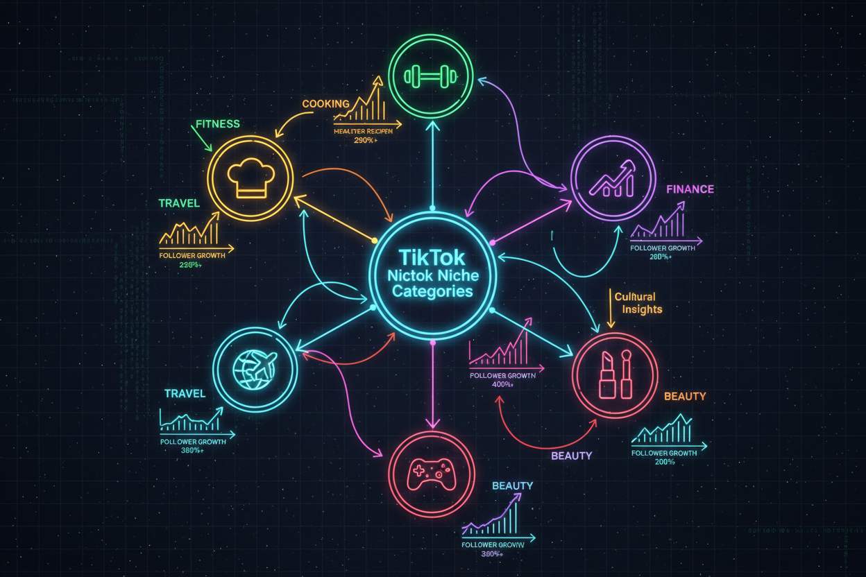 Mind map of TikTok niche categories with growth charts