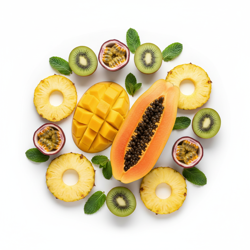 Flat lay of colorful tropical fruits on white background