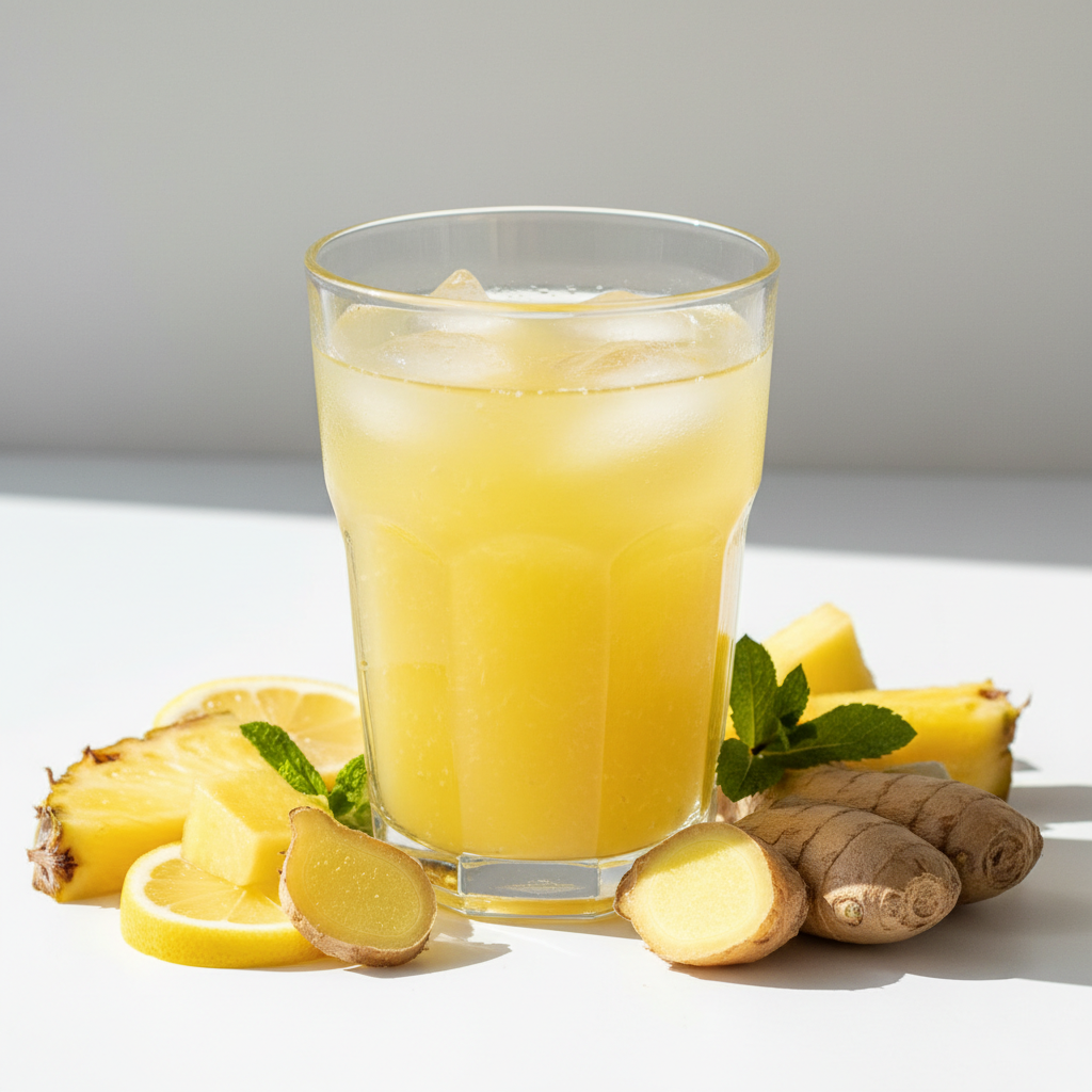 Bright yellow pineapple and ginger cleanse juice glass
