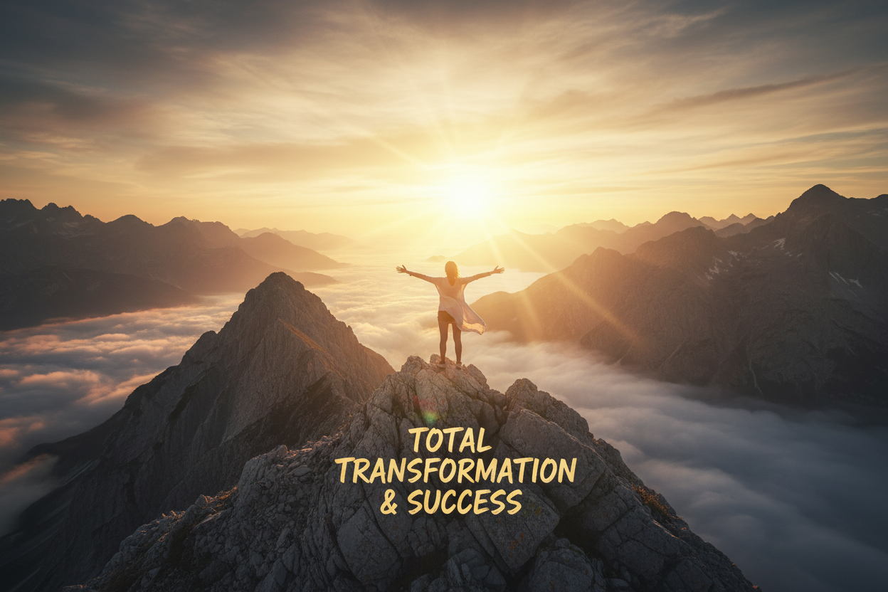 Persona en la cima de una montaña representando transformación total