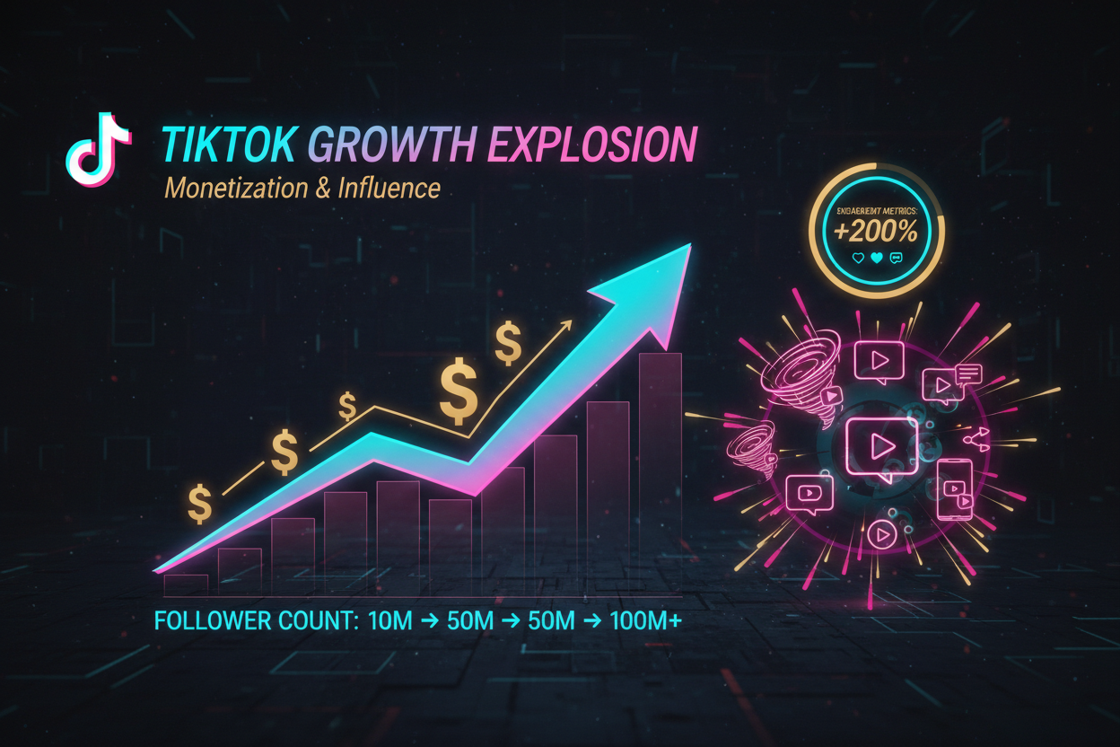 TikTok growth chart with viral video icons and dollar signs