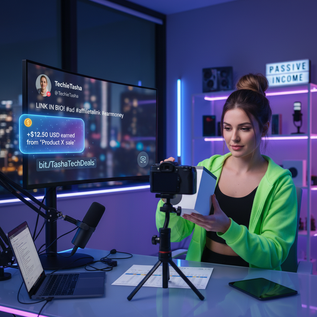 TikTok creator reviewing product with affiliate link on screen