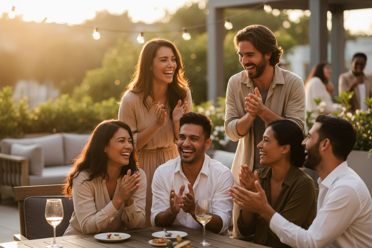 Grupo de personas felices conectando en una reunión social