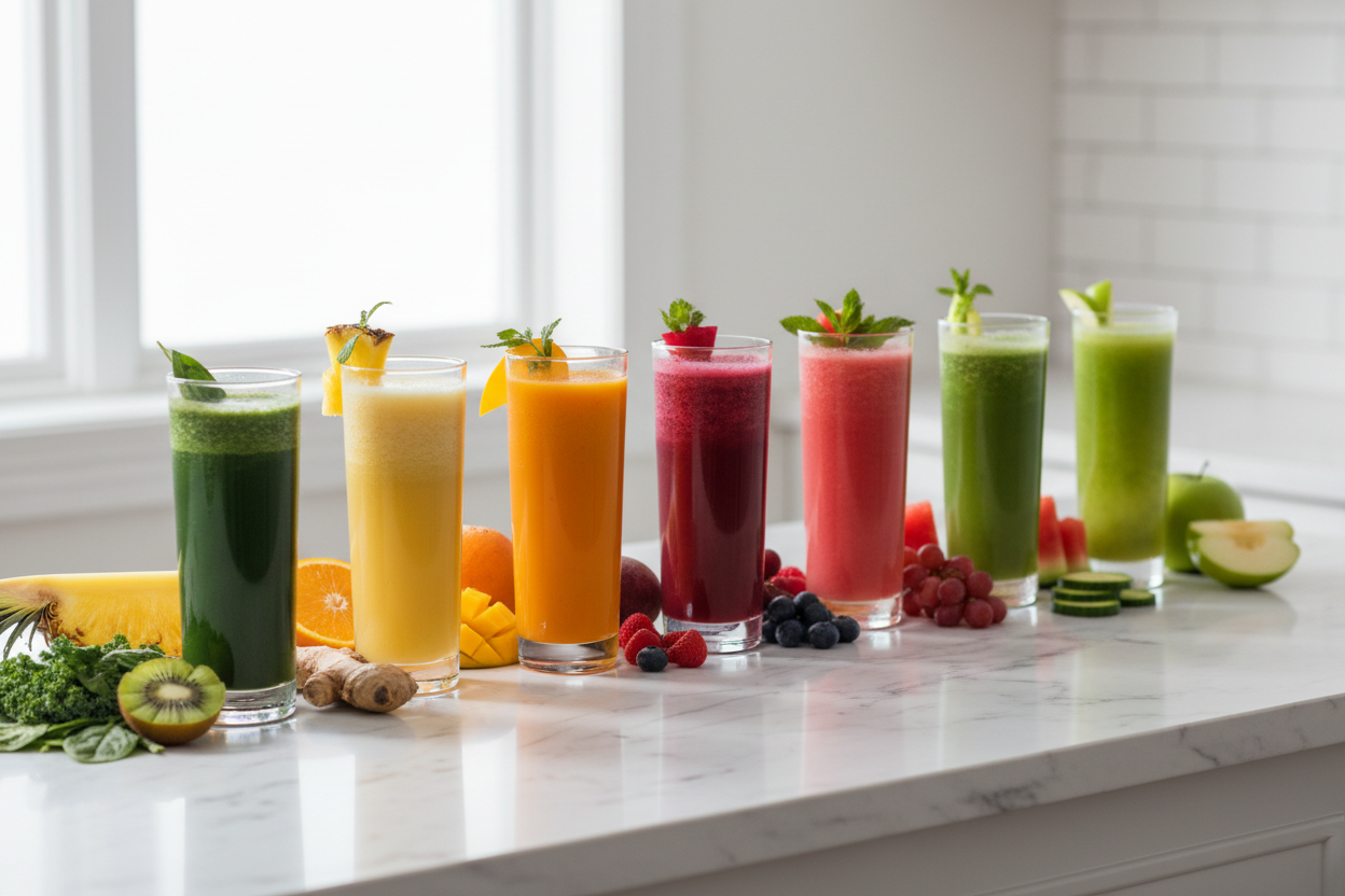 Seven colorful tropical detox juice glasses in a row
