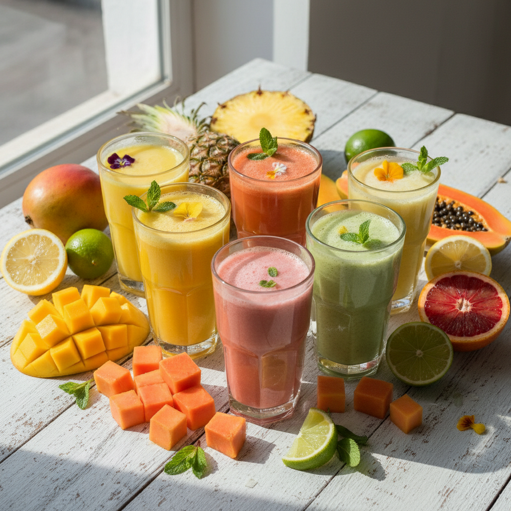 Colorful collection of tropical detox juices with fruits