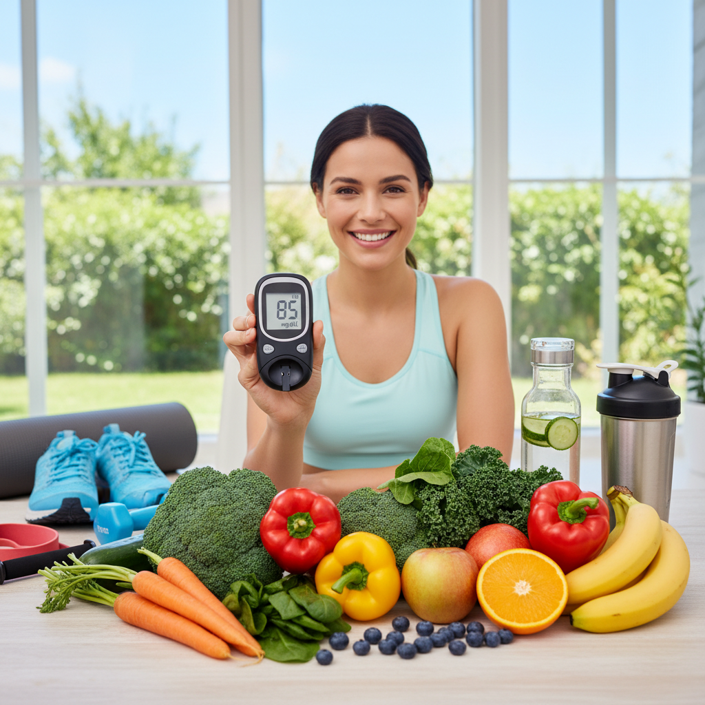 Persona feliz con glucosa controlada rodeada de alimentos saludables