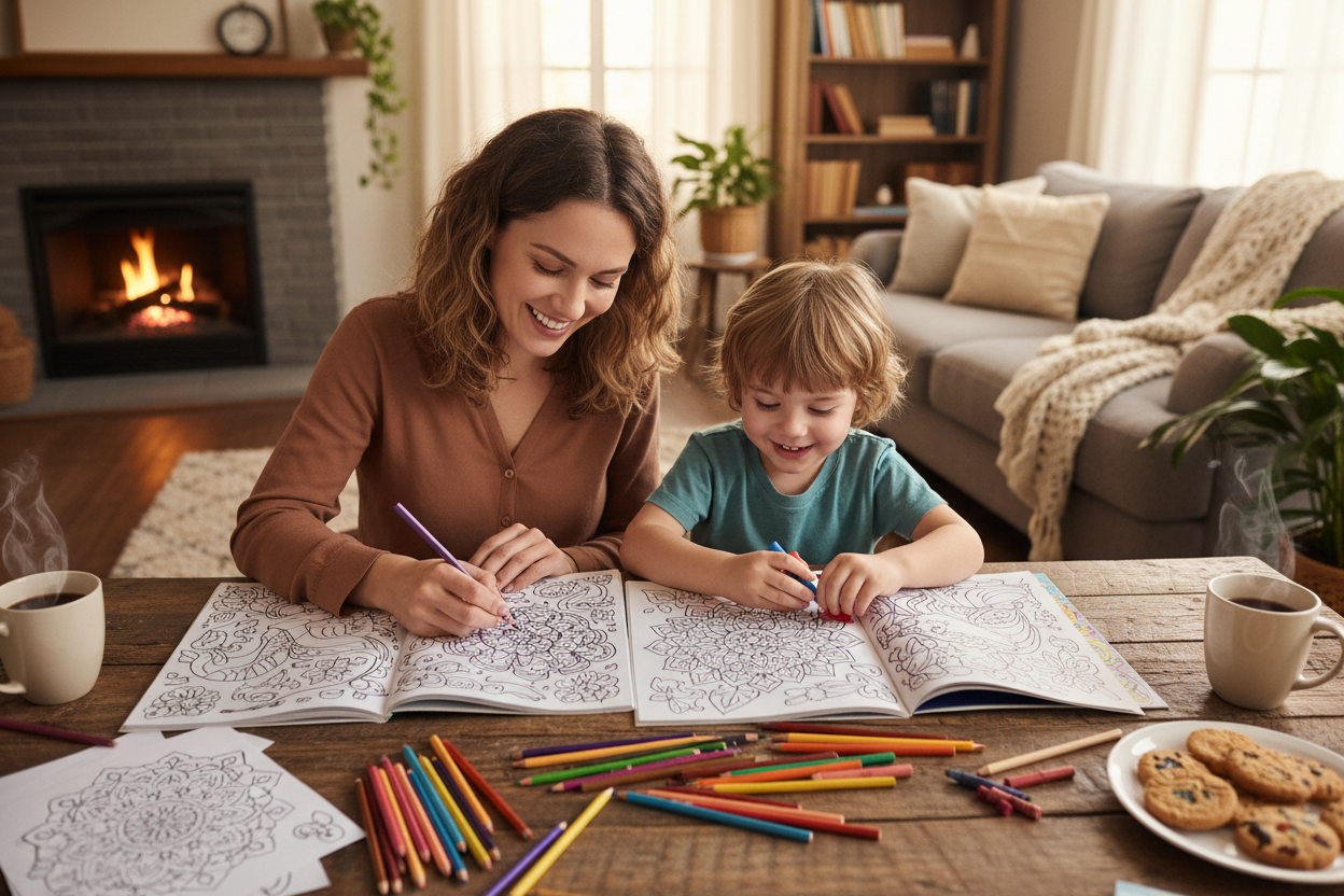 Family enjoying coloring together at home