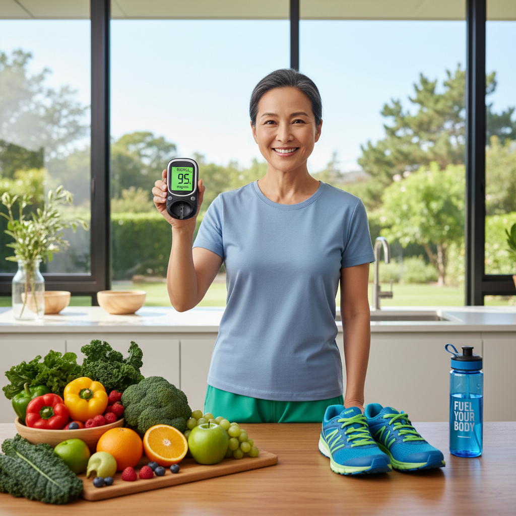 Persona saludable con glucosa normal rodeada de alimentos y ejercicio