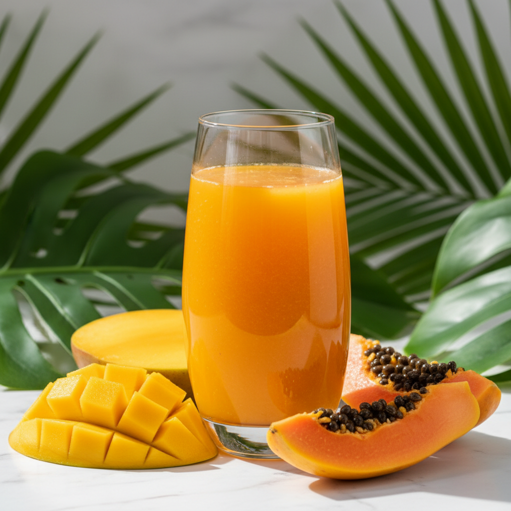 Vibrant orange mango and papaya detox juice glass