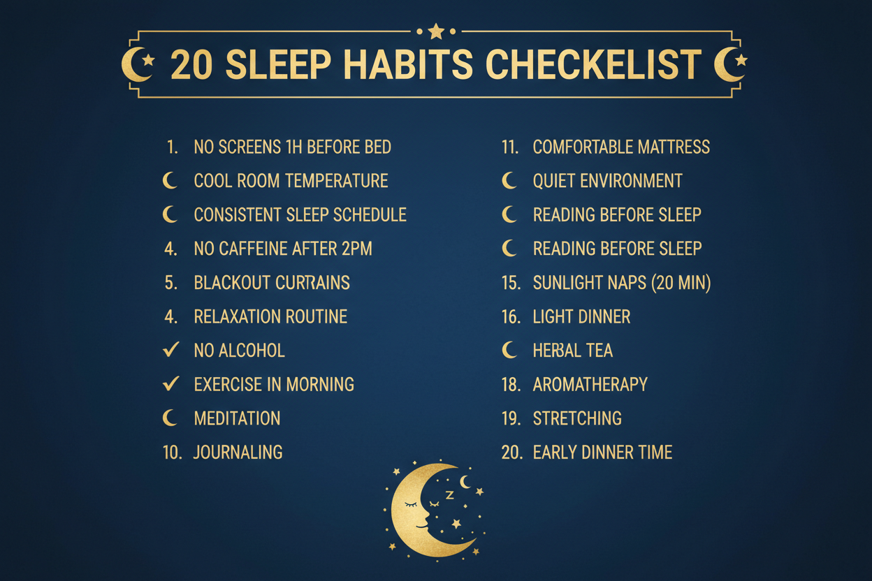 Infografía checklist con los 20 hábitos para dormir mejor cada noche