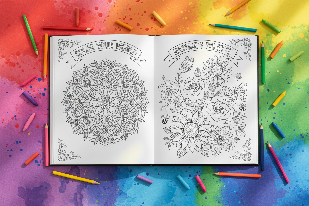 Interior preview showing mandala and nature coloring pages