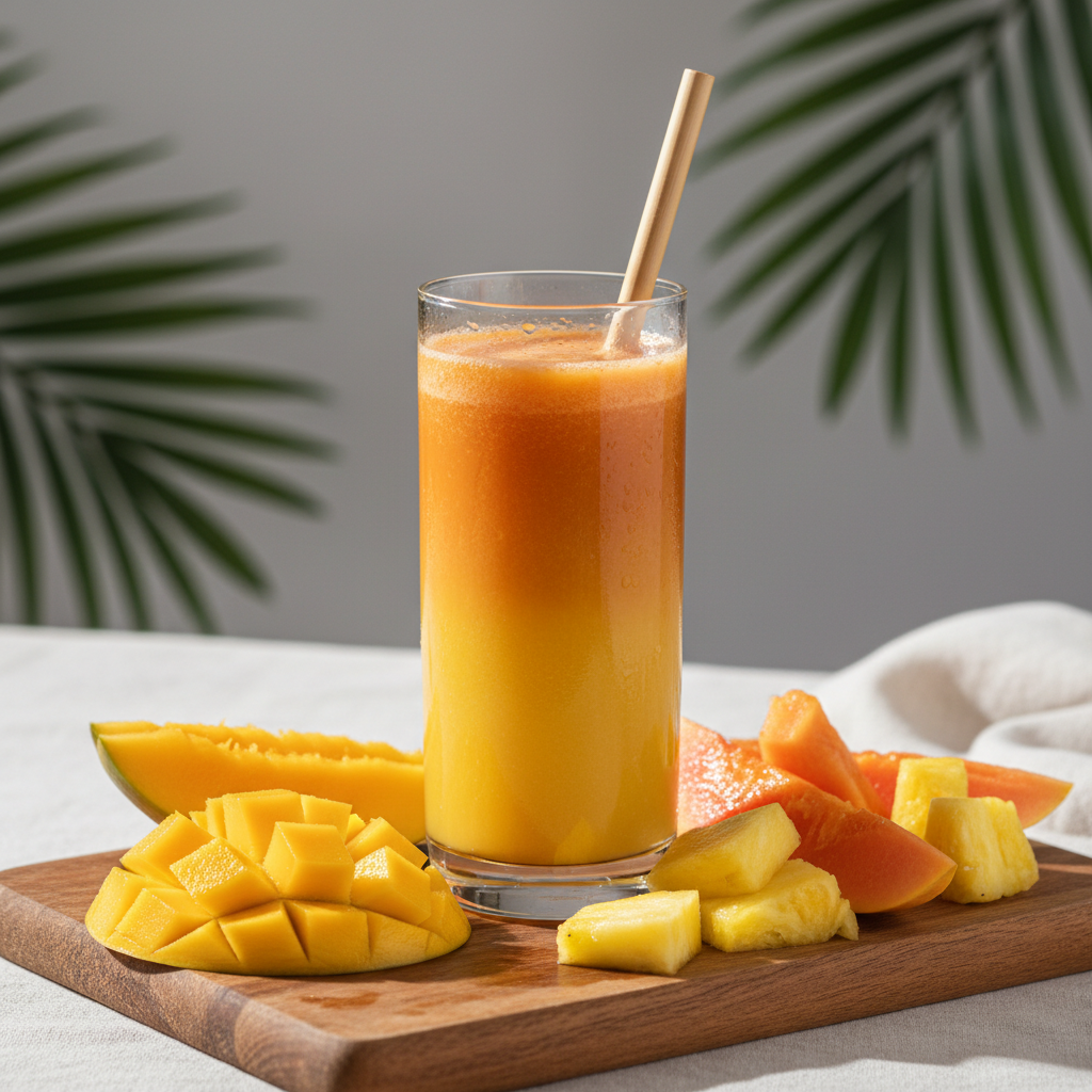 Glass of vibrant tropical detox juice with fruits