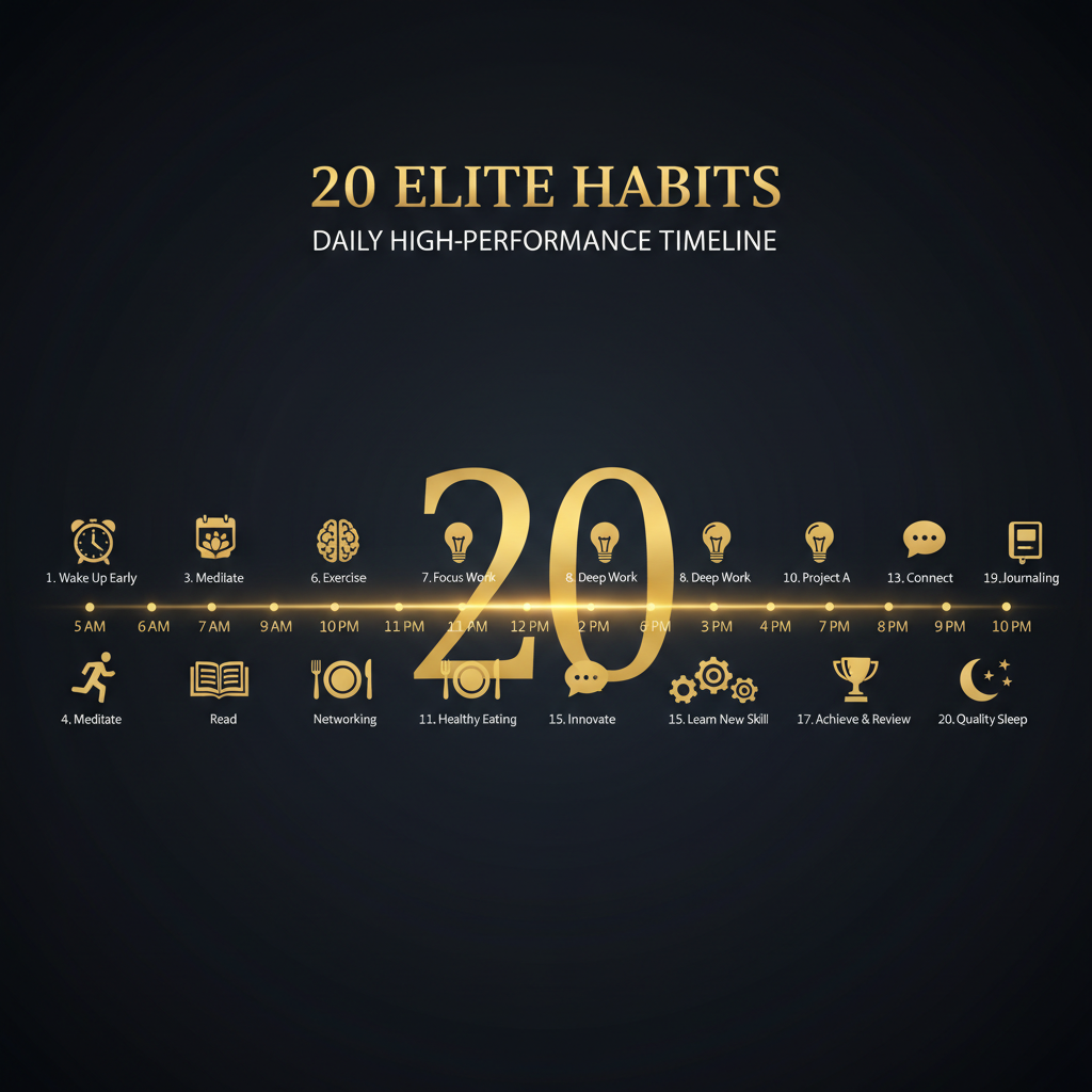 Infografía timeline con los 20 hábitos diarios de alto rendimiento
