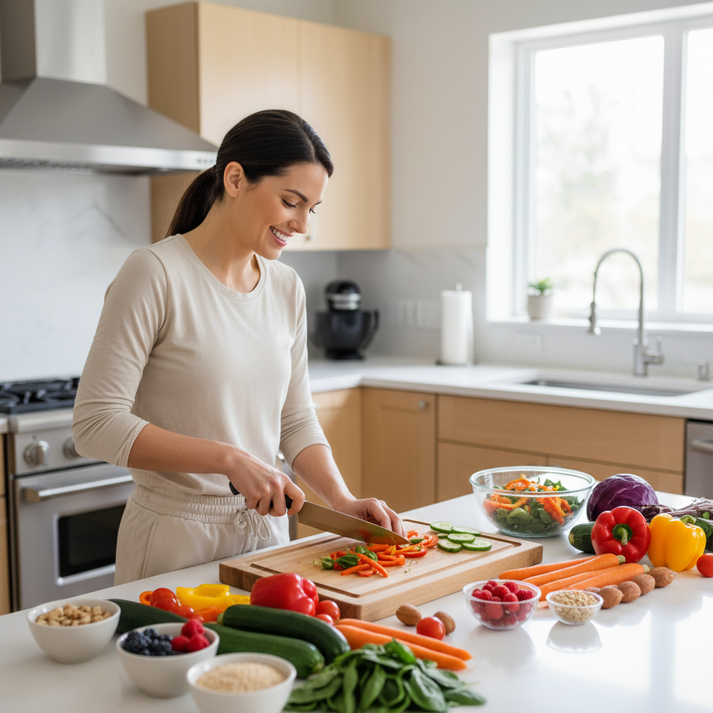 Persona cocinando comida saludable antidiabética en cocina moderna