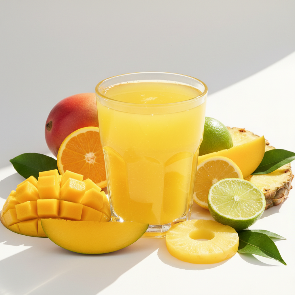 Vibrant yellow tropical energy juice with mango and pineapple