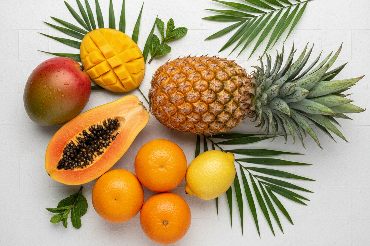 Flat lay of fresh tropical fruits for detox juices