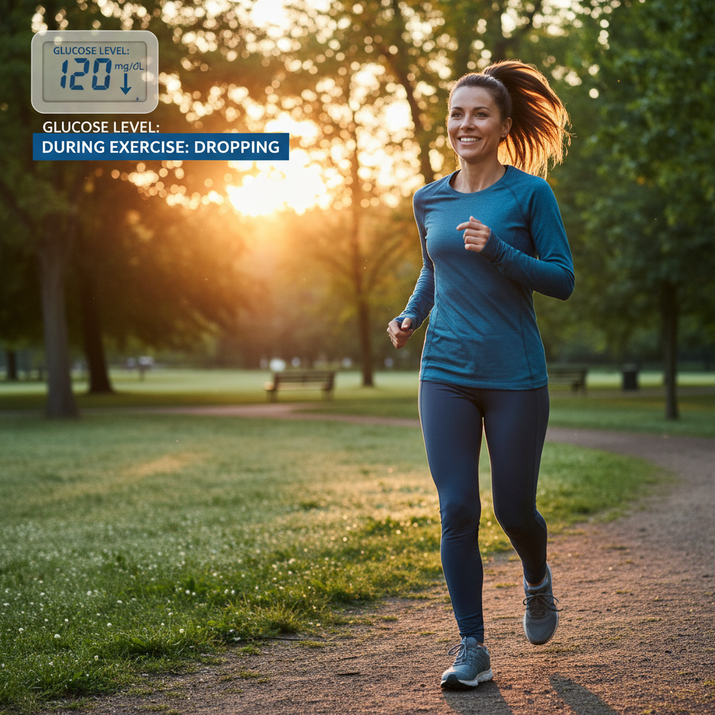 Persona corriendo al amanecer con glucosa bajando durante el ejercicio