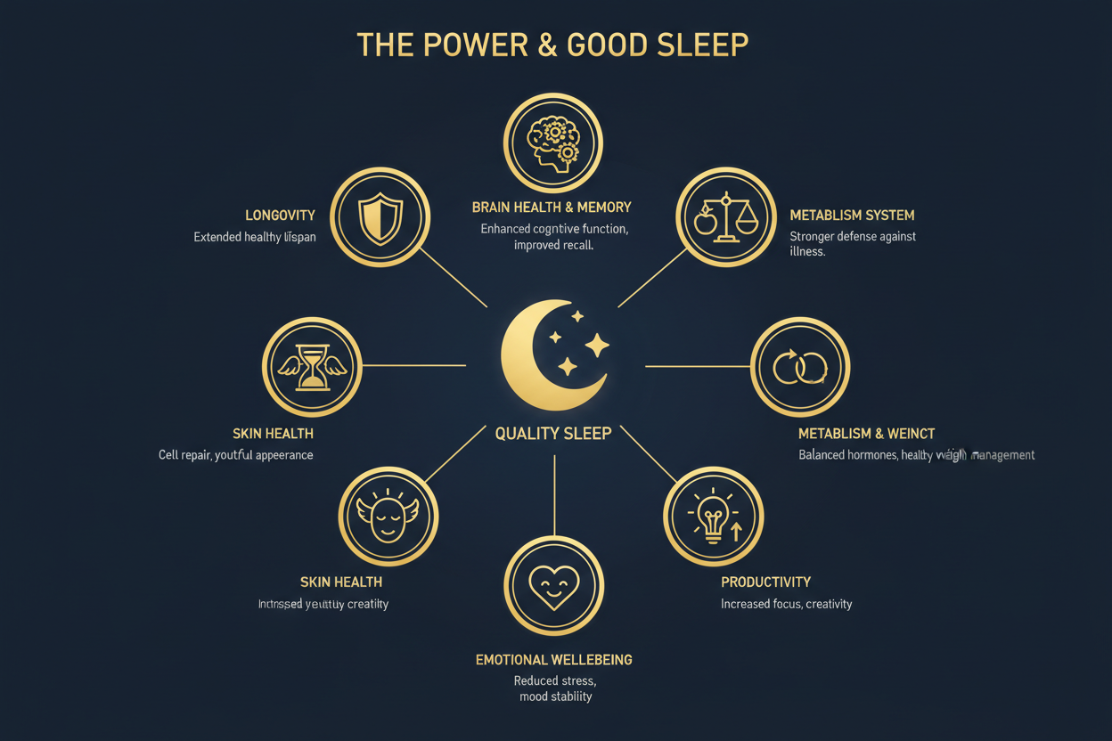 Infografía mostrando cómo dormir bien transforma todas las áreas de tu vida
