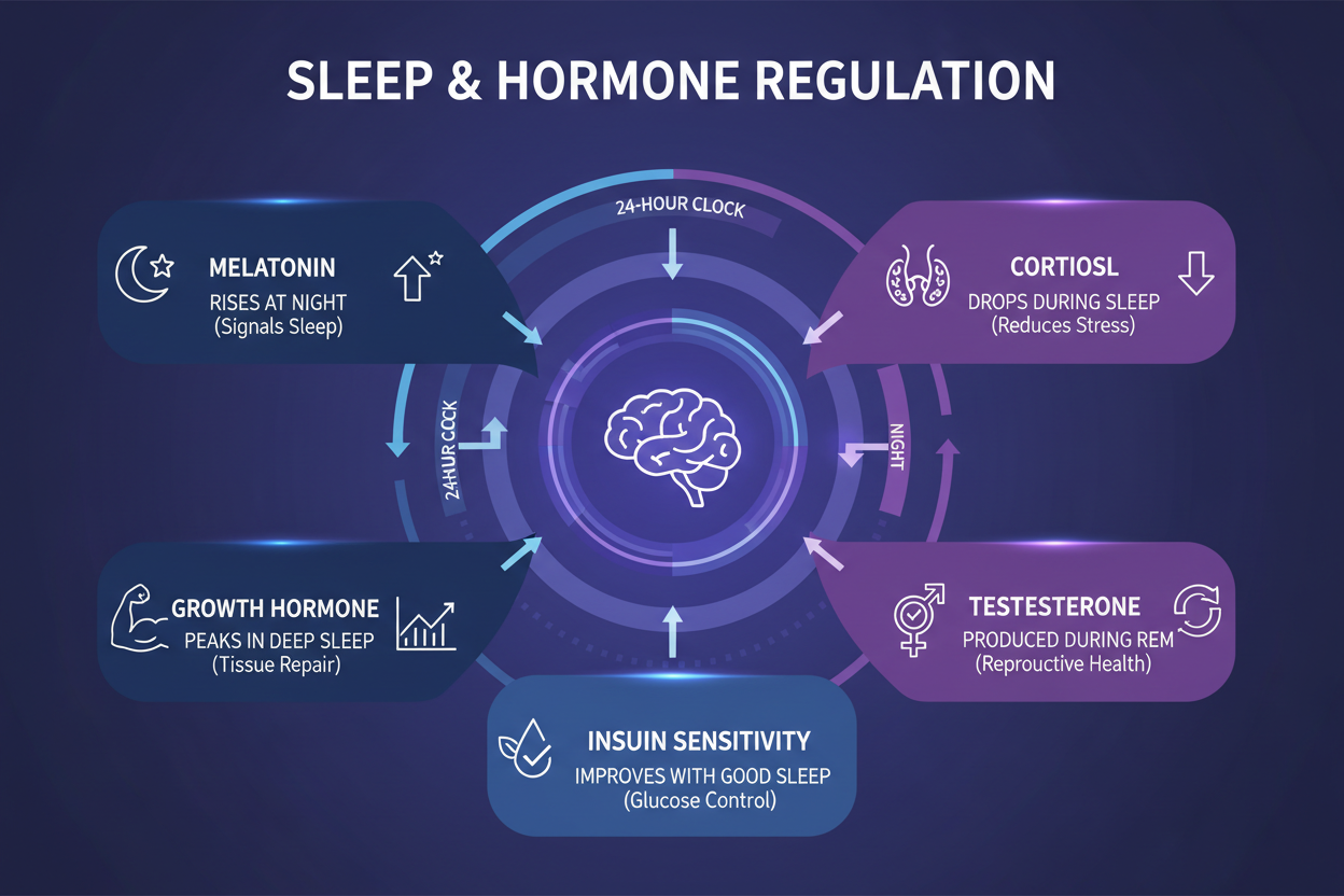 Infografía del ciclo hormonal durante el sueño: melatonina cortisol testosterona
