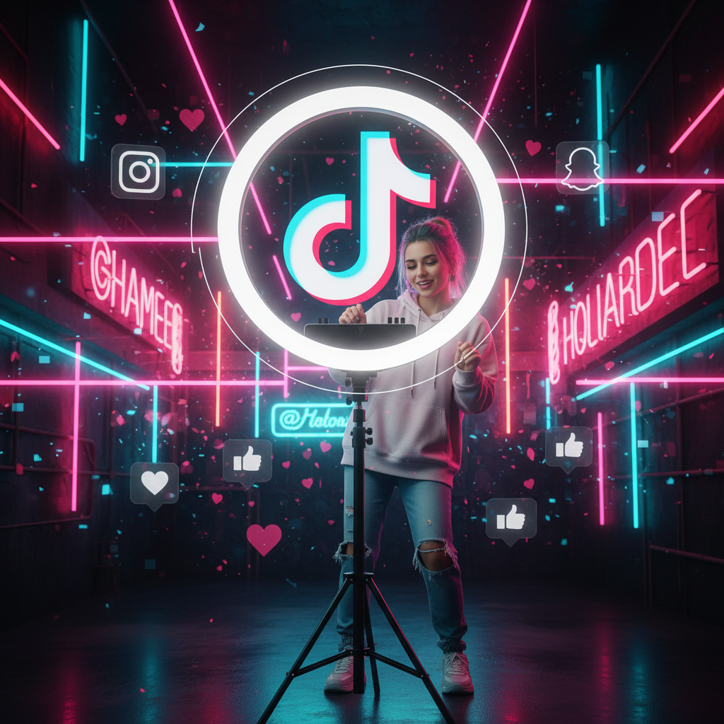 Young content creator filming a TikTok video with neon lights