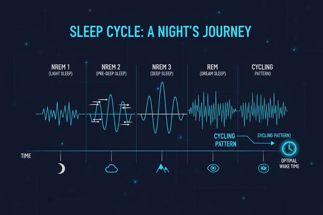 Infografía de las 5 fases del sueño con ondas cerebrales y ciclos REM