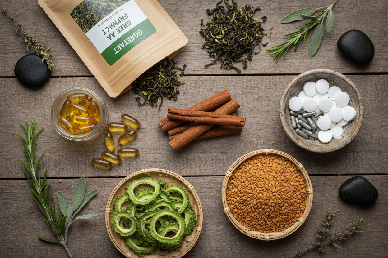 Flat lay de suplementos naturales para el control de glucosa