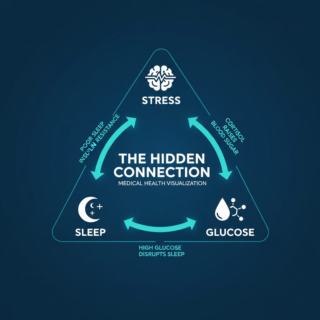 Infografía triángulo con la conexión oculta entre estrés sueño y glucosa