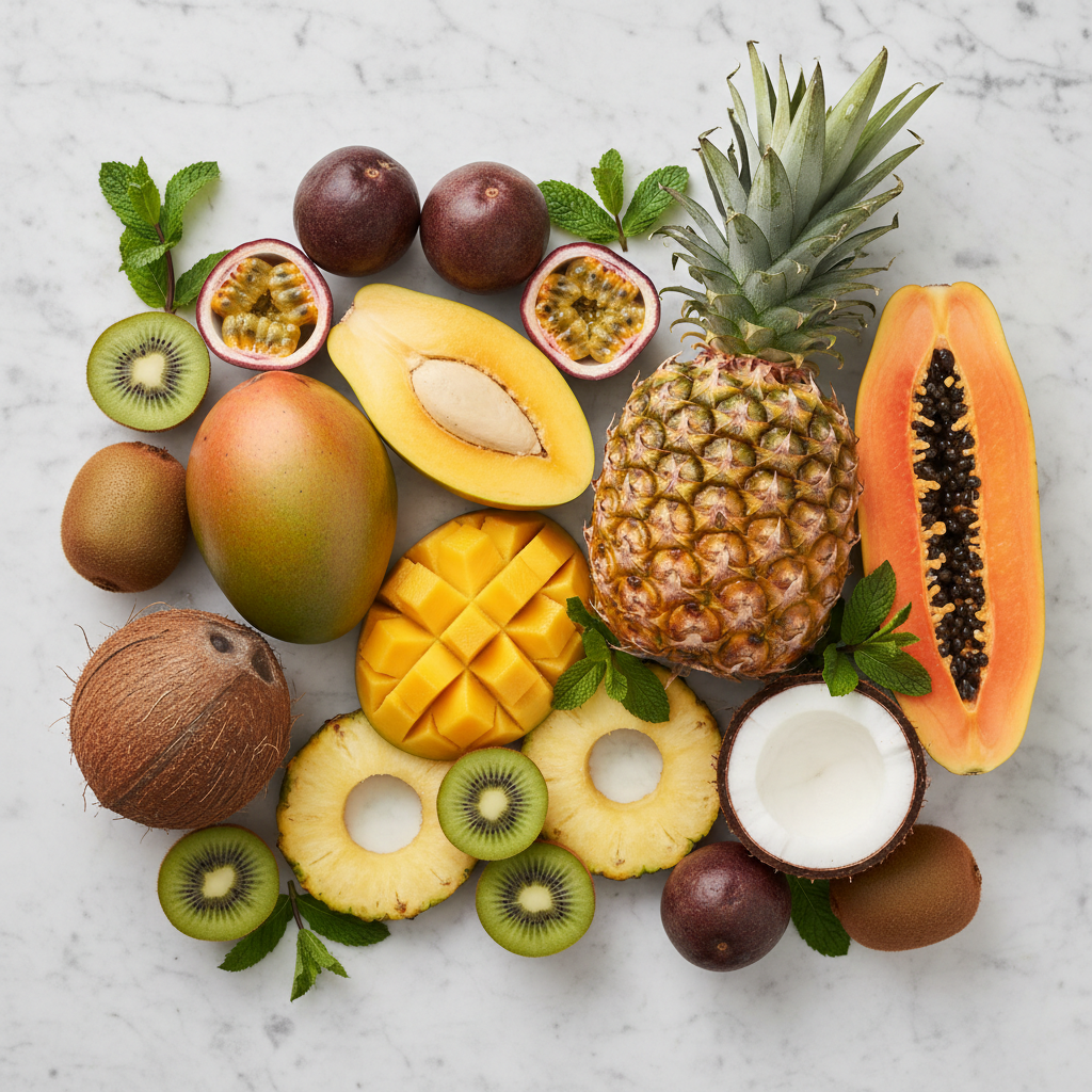 Flat lay of exotic tropical fruits on marble surface