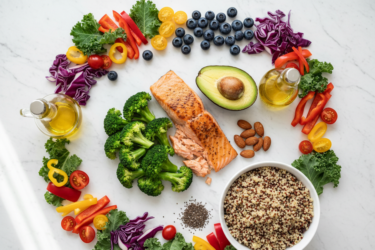 Flat lay de ingredientes saludables para recetas antidiabéticas