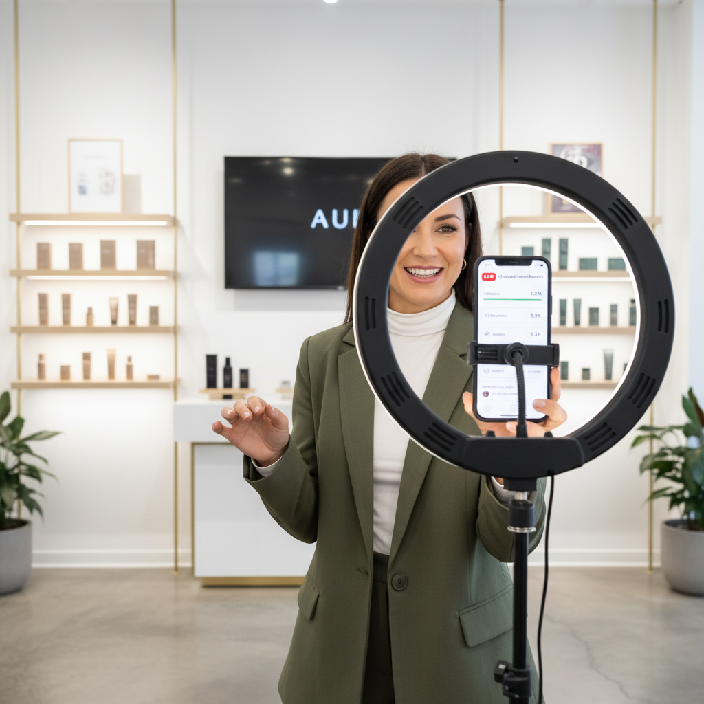 Business owner creating TikTok content in modern store