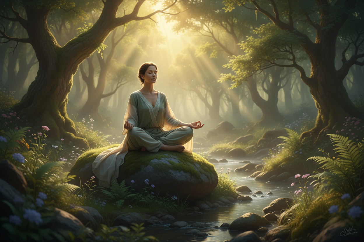 Persona meditando en la naturaleza al amanecer
