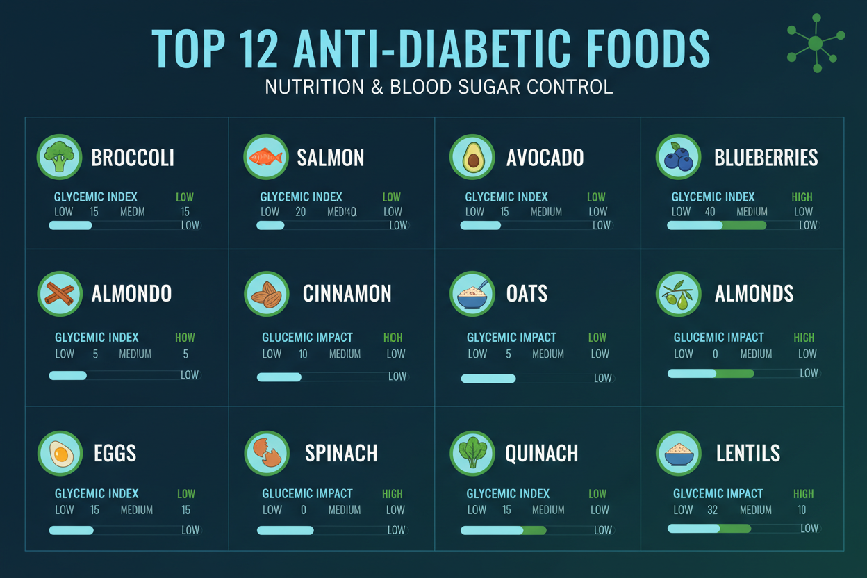 Infografía con los 20 mejores alimentos antidiabéticos con índice glucémico