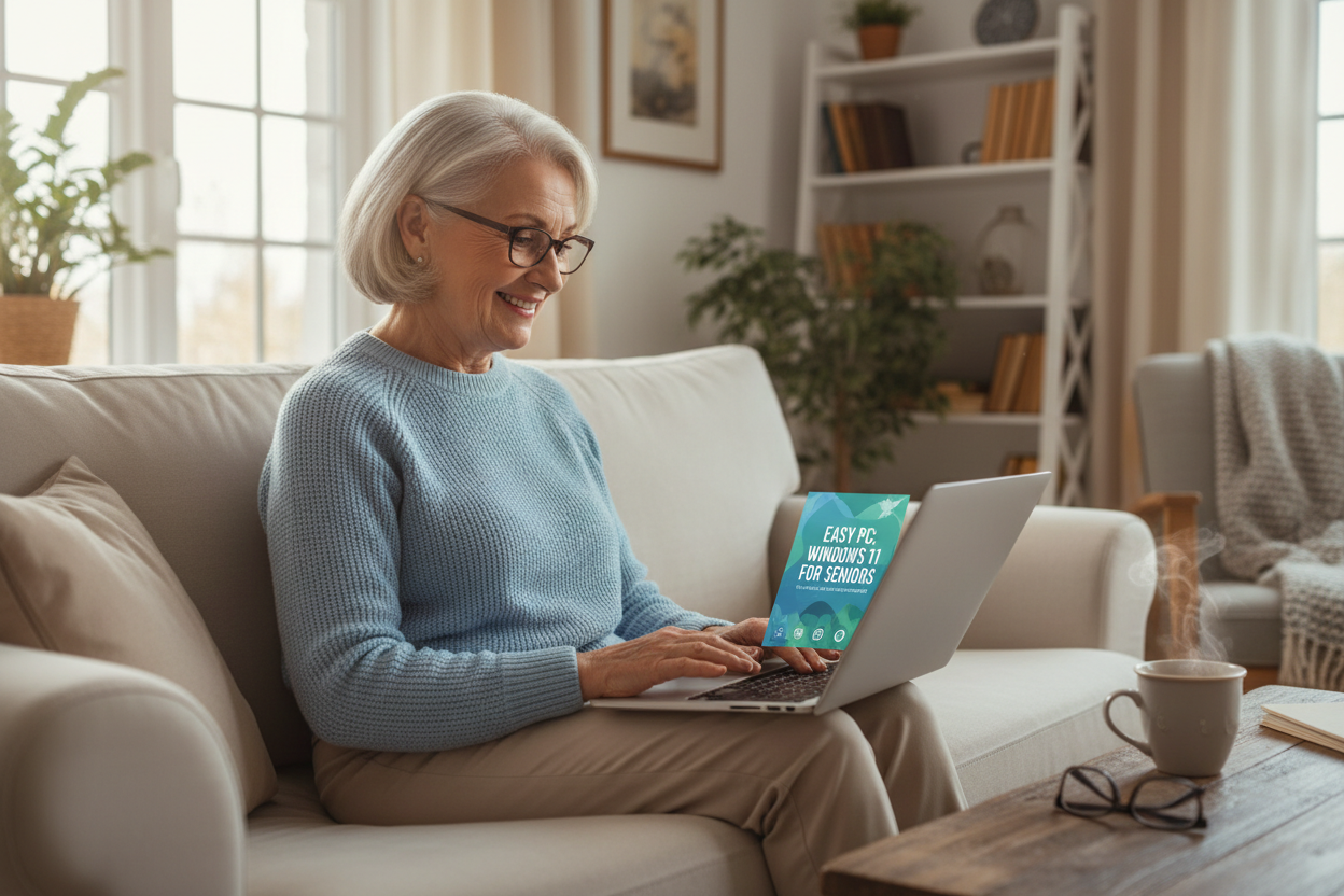 Happy senior person using a laptop with Windows 11