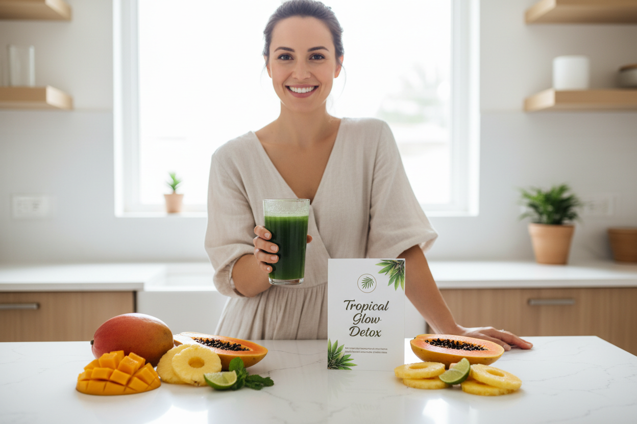 Healthy woman enjoying a tropical detox juice with fresh fruits