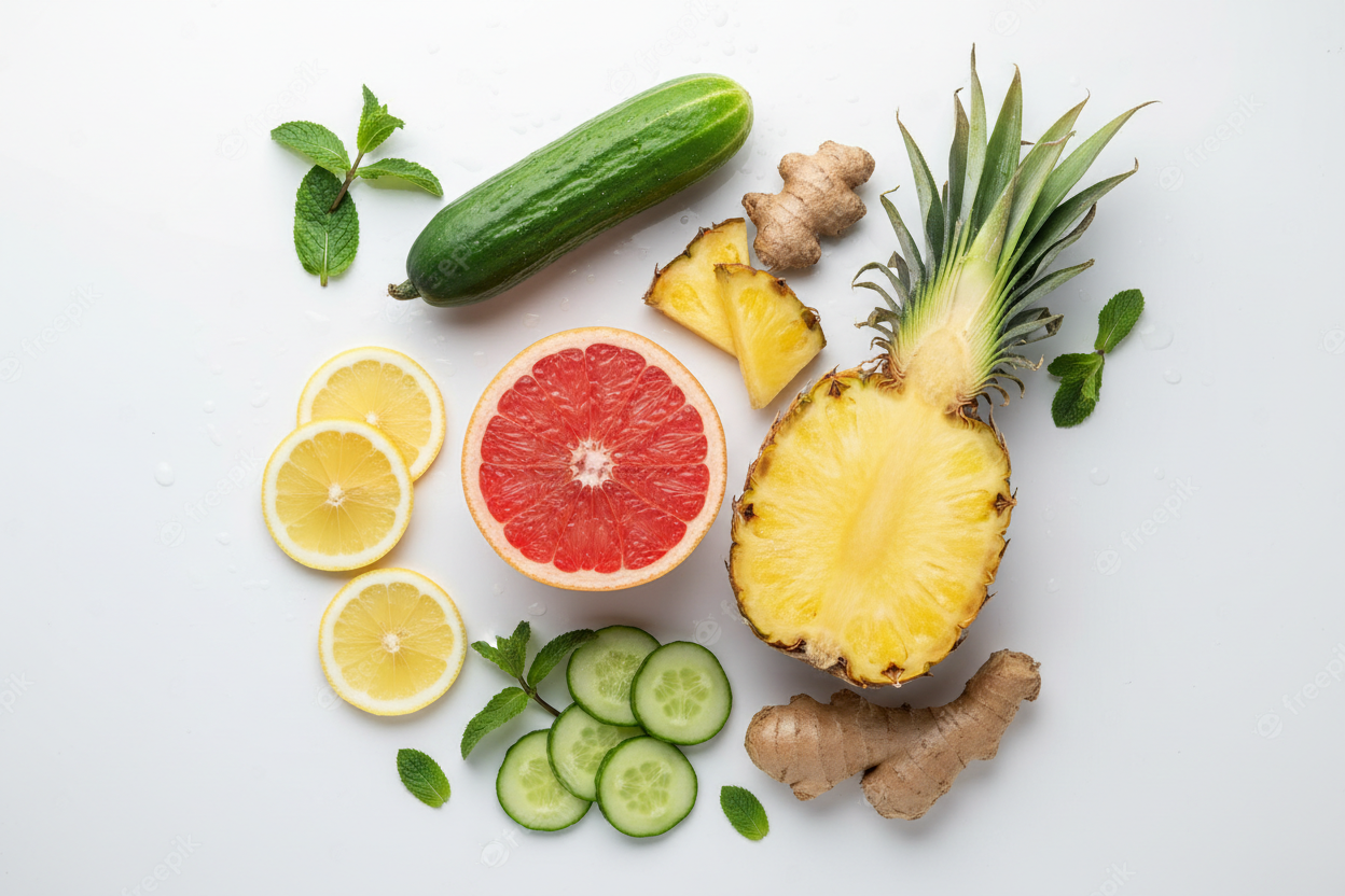 Flat lay of tropical weight loss ingredients