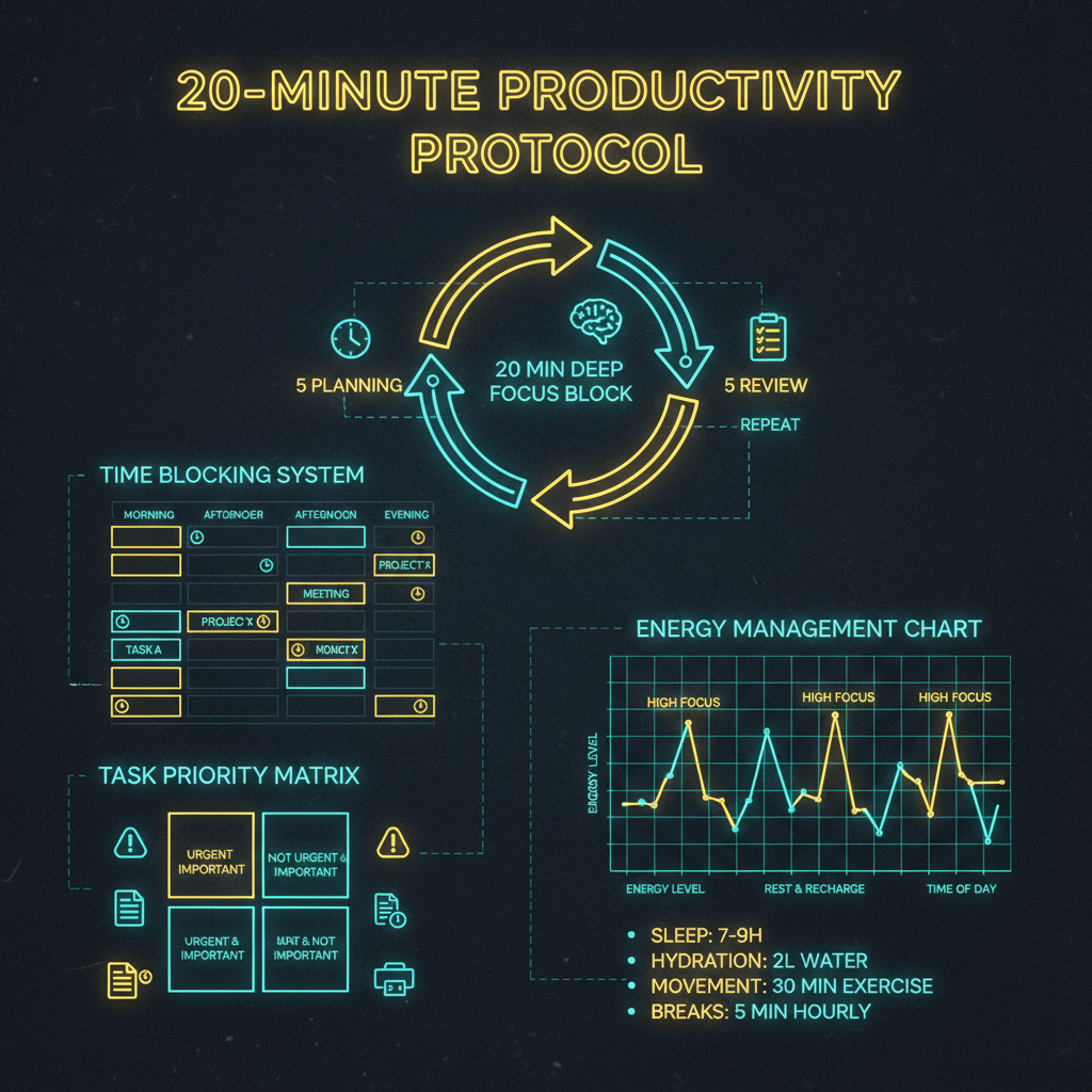 Infografía del protocolo de productividad de 20 minutos