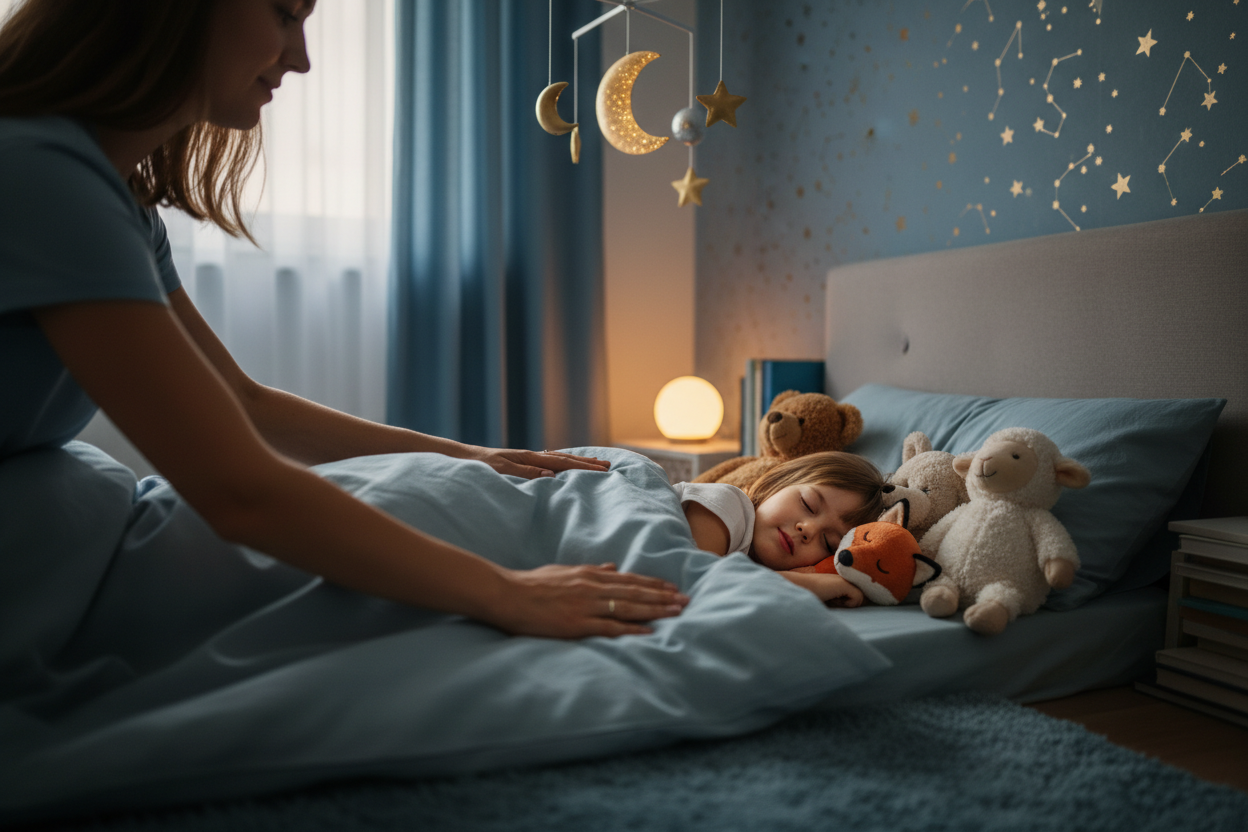 Padre arropando tiernamente a su hijo que duerme en habitación acogedora