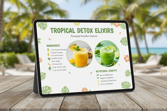Interior preview of detox juice ebook showing colorful tropical recipes