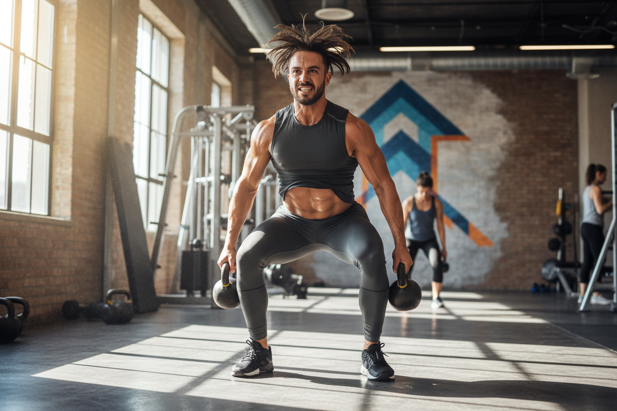 Persona en forma haciendo ejercicio intenso en gimnasio moderno